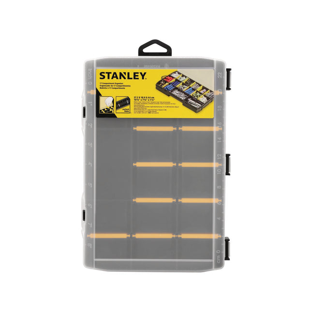 Stanley 17 compartment organiser with clear lid, black body and yellow dividers