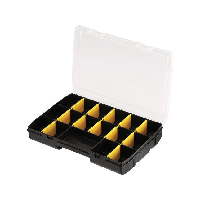Stanley 17 compartment organiser with clear lid, black body and yellow dividers (2)