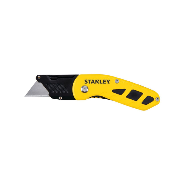 Stanley Compact Fixed Blade Folding Knife with yellow and black metal handle and belt clip