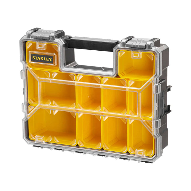 Stanley FatMax Pro 10 compartment deep organiser with clear lid and black and yellow body