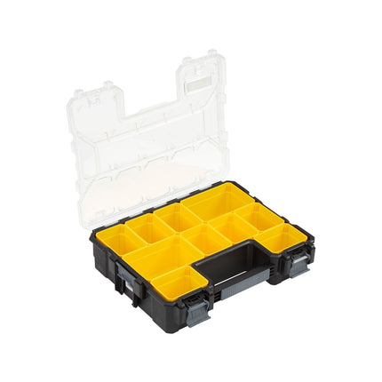 Stanley FatMax Pro 10 compartment deep organiser with clear lid and black and yellow body (2)