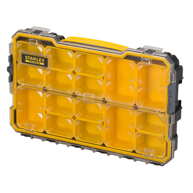 Stanley FatMax Pro 2/3 Shallow Organiser with clear lid, black base and yellow removable cups