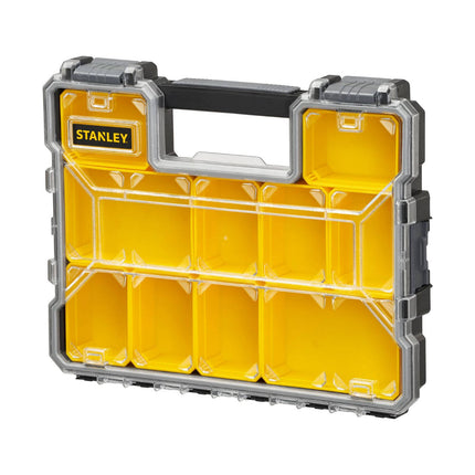 Stanley FatMax Pro Storage Organiser with clear lid and 10 removable compartments in black and yellow