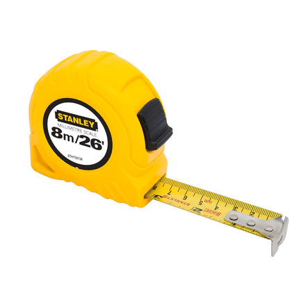 Yellow Stanley 8m / 26ft Imperial Tape Measure with extended blade and belt clip