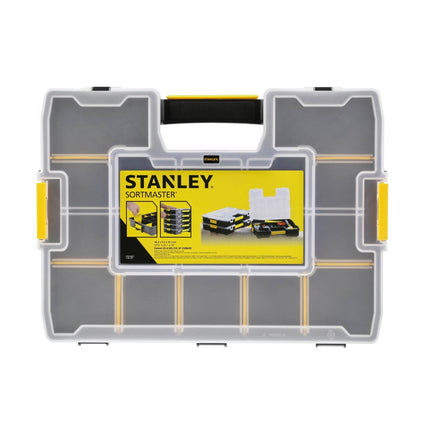 Stanley SortMaster 12-compartment organiser box with clear lid, black body and yellow latches