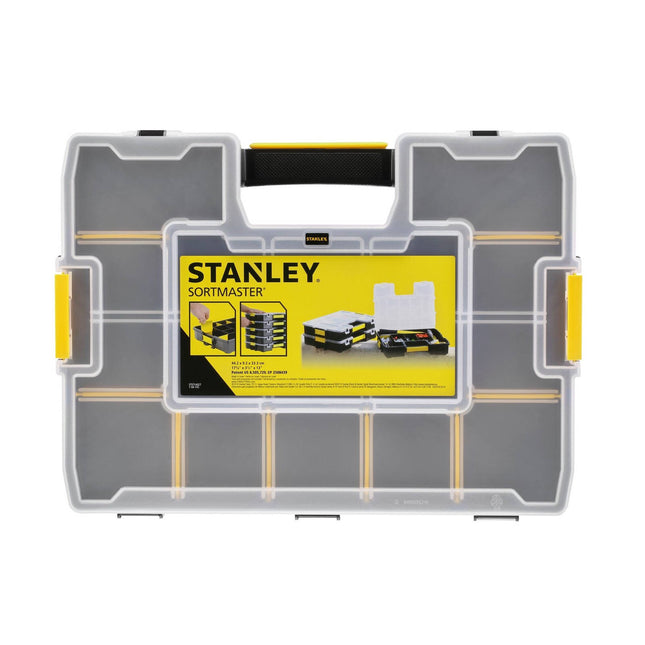 Stanley SortMaster 12-compartment organiser box with clear lid, black body and yellow latches