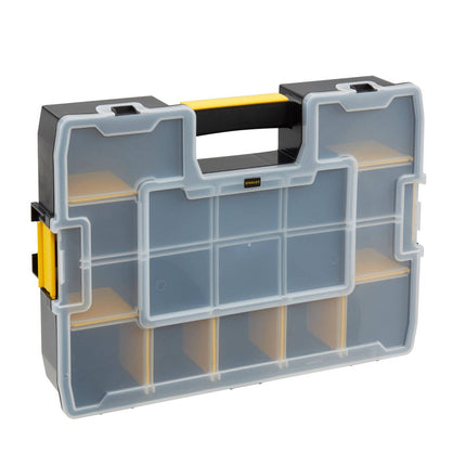 Stanley SortMaster 12-compartment organiser box with clear lid, black body and yellow latches (2)