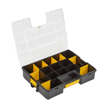 Stanley SortMaster 12-compartment organiser box with clear lid, black body and yellow latches (3)