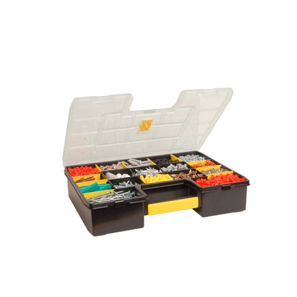 Stanley SortMaster 12-compartment organiser box with clear lid, black body and yellow latches (4)