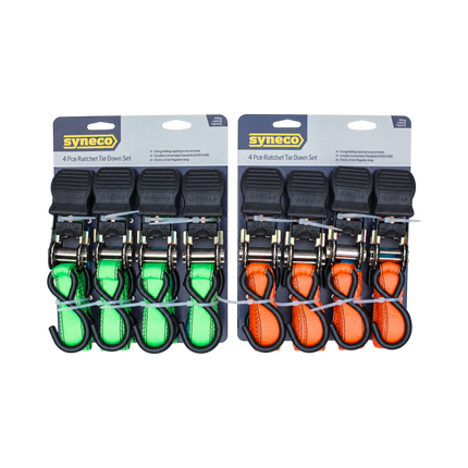 Syneco 25mm x 4.5m S Hook Ratchet Tie Down Set 4 Pack (2)