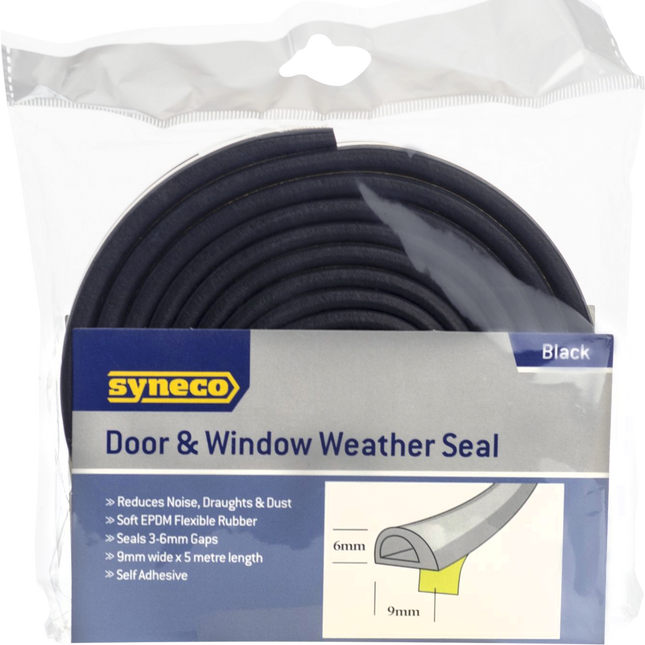 Syneco black self-adhesive EPDM door and window weather seal 6 x 9mm x 5m pack