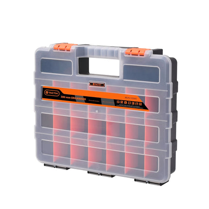 Tactix 380mm 22 compartment organiser storage box in black and orange