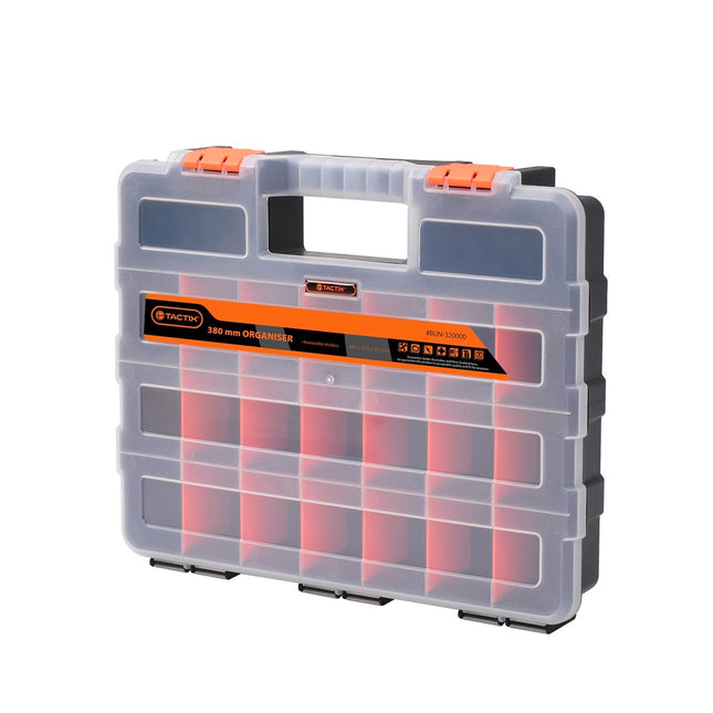 Tactix 380mm 22 compartment organiser storage box in black and orange