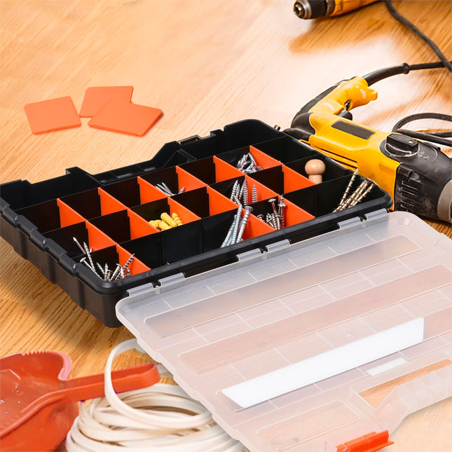 Tactix 380mm 22 compartment organiser storage box in black and orange (2)