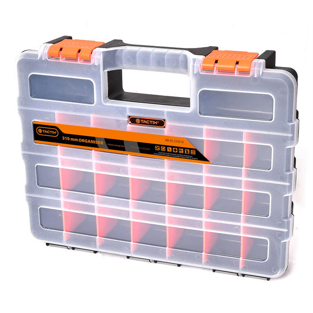 Tactix 310mm black and orange compartment organiser storage box with latched lid and carry handle