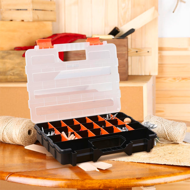 Tactix 310mm black and orange compartment organiser storage box with latched lid and carry handle (2)