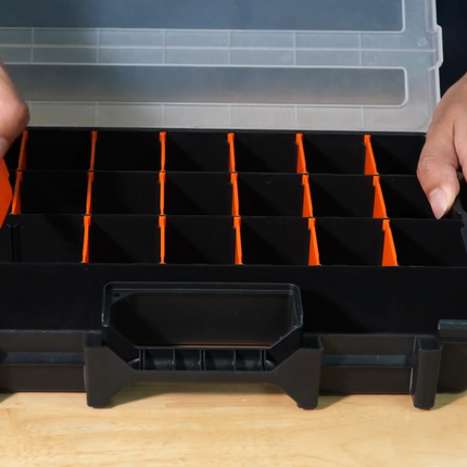 Tactix 310mm black and orange compartment organiser storage box with latched lid and carry handle (3)