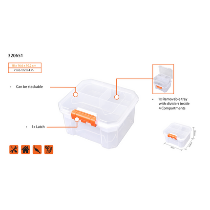 Tactix 4 Compartments Deep Storage Box, transparent polypropylene organiser with removable divider tray (4)