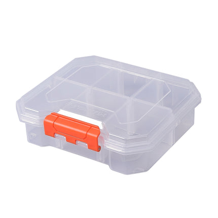 Tactix 6 Compartment Storage Box, small transparent polypropylene organiser with removable dividers