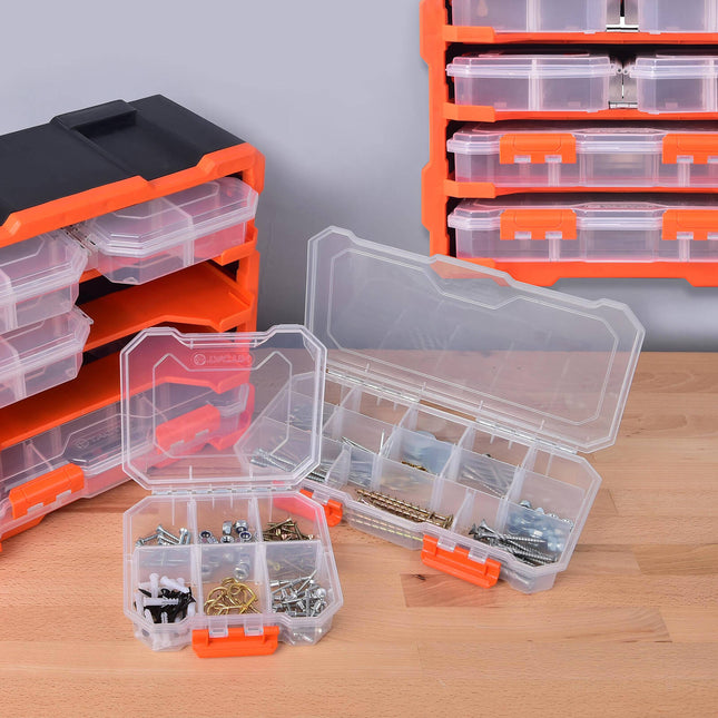 Tactix 6 Compartment Storage Box, small transparent polypropylene organiser with removable dividers (2)
