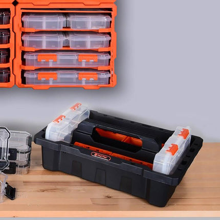 Tactix 6 Compartment Storage Box, small transparent polypropylene organiser with removable dividers (4)