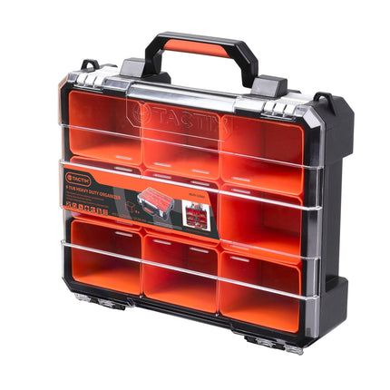 Tactix 9 Compartment Trade Quality Organiser with clear lid, black body and orange removable tubs