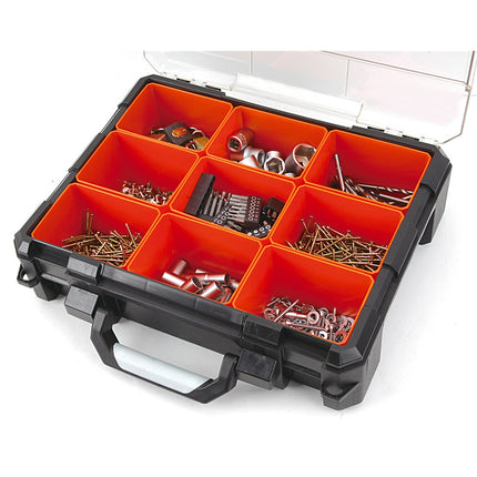 Tactix 9 Compartment Trade Quality Organiser with clear lid, black body and orange removable tubs (2)