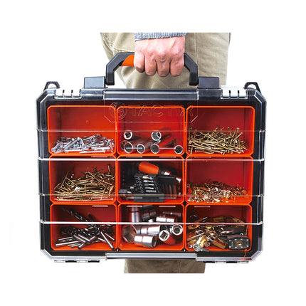 Tactix 9 Compartment Trade Quality Organiser with clear lid, black body and orange removable tubs (3)