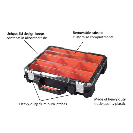 Tactix 9 Compartment Trade Quality Organiser with clear lid, black body and orange removable tubs (4)