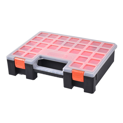 Tactix 405mm black organiser case with 12 deep removable tubs and cam-action latches