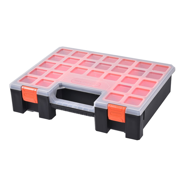 Tactix 405mm black organiser case with 12 deep removable tubs and cam-action latches