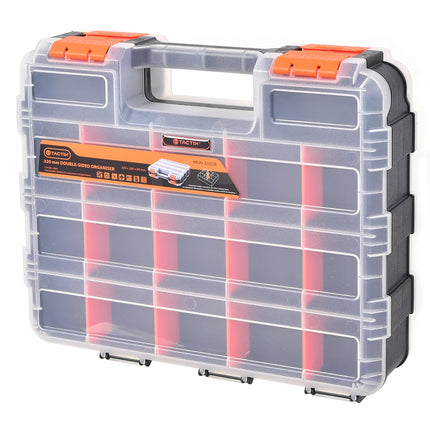 Tactix 320mm double sided storage box organiser in black and orange with translucent lids and carry handle