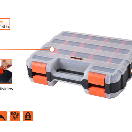 Tactix 320mm double sided storage box organiser in black and orange with translucent lids and carry handle (3)