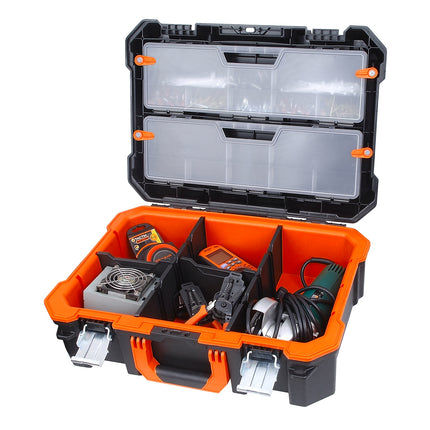 Tactix Technician Case in black and orange with steel latches and removable organisers (2)