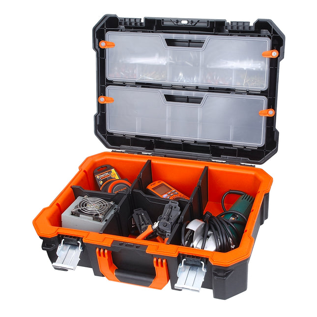 Tactix Technician Case in black and orange with steel latches and removable organisers (2)