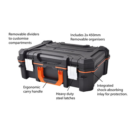 Tactix Technician Case in black and orange with steel latches and removable organisers (4)