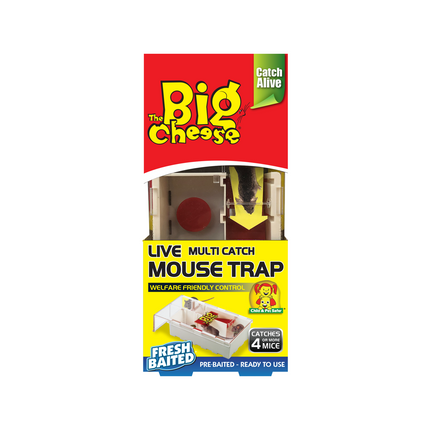 The Big Cheese Live Multi-Catch Mouse Trap pre-baited plastic live catch trap with clear sliding lid