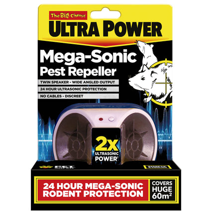 The Big Cheese Mega-Sonic Pest Repeller white plug-in twin speaker ultrasonic rodent repeller