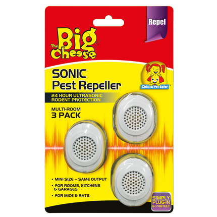 The Big Cheese Sonic Pest Repeller 3 pack in retail packaging with white plug-in units