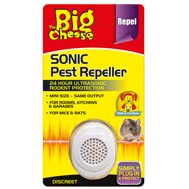 The Big Cheese Sonic Pest Repeller white plug-in unit in front-of-pack packaging