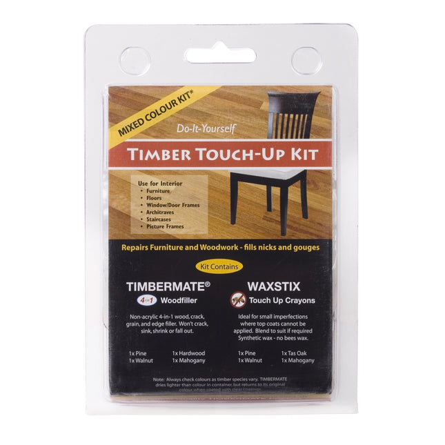 Timbermate Timber Touch Up Kit Mixed Colours pack with woodfiller tubs and Waxstix crayons