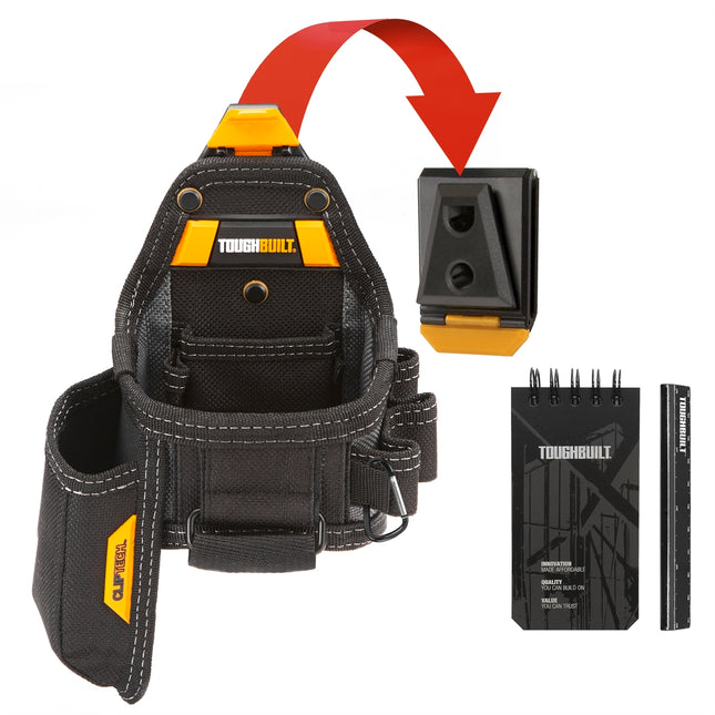 ToughBuilt ClipTech tape measure and utility knife pouch with notebook, pencil and ClipTech Hub