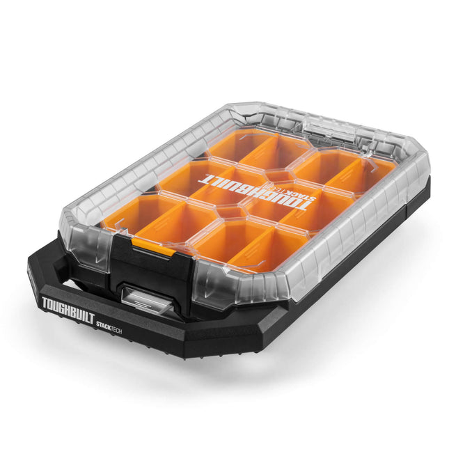 ToughBuilt StackTech Compact Low-Profile Organiser with clear lid, centre latch and 6 bins