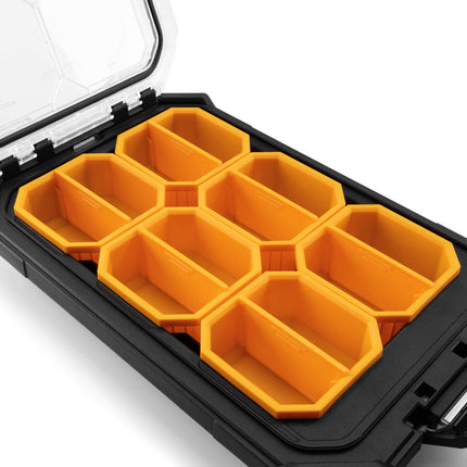 ToughBuilt StackTech Compact Low-Profile Organiser with clear lid, centre latch and 6 bins (4)