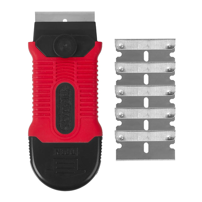 Trojan Safety Scraper With 5 Blades in red and black with rubber grip