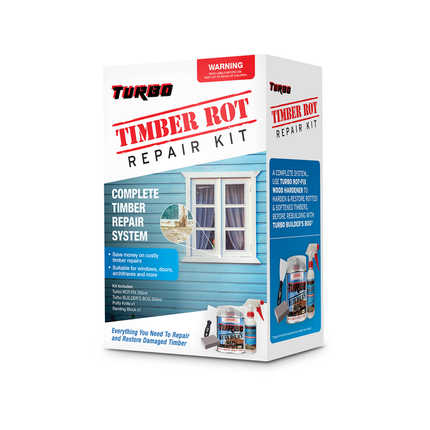 Turbo Timber Rot Repair Kit with Rot Fix, Builders Bog, putty knife and sanding block