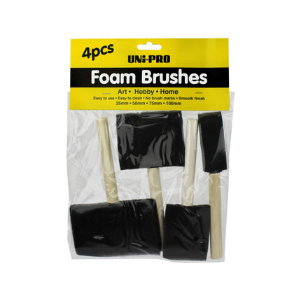 Uni-Pro 4 piece foam brush set with 25mm, 50mm, 75mm and 100mm foam brushes on timber handles