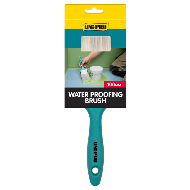 Uni-Pro 100mm Waterproofing Brush with green handle and stainless steel ferrule