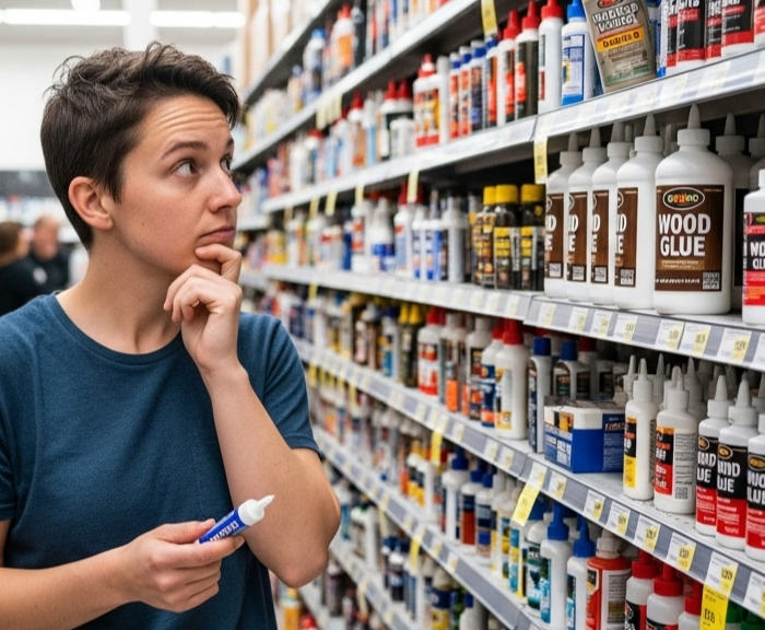 Person standing in a hardware store aisle looking at a product