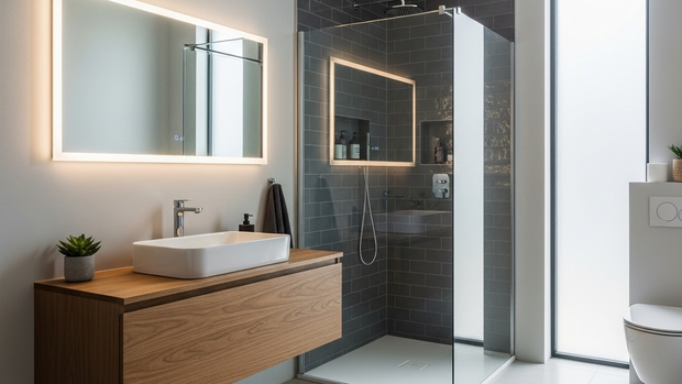 Modern bathroom with wooden vanity, illuminated mirror, and shower area.